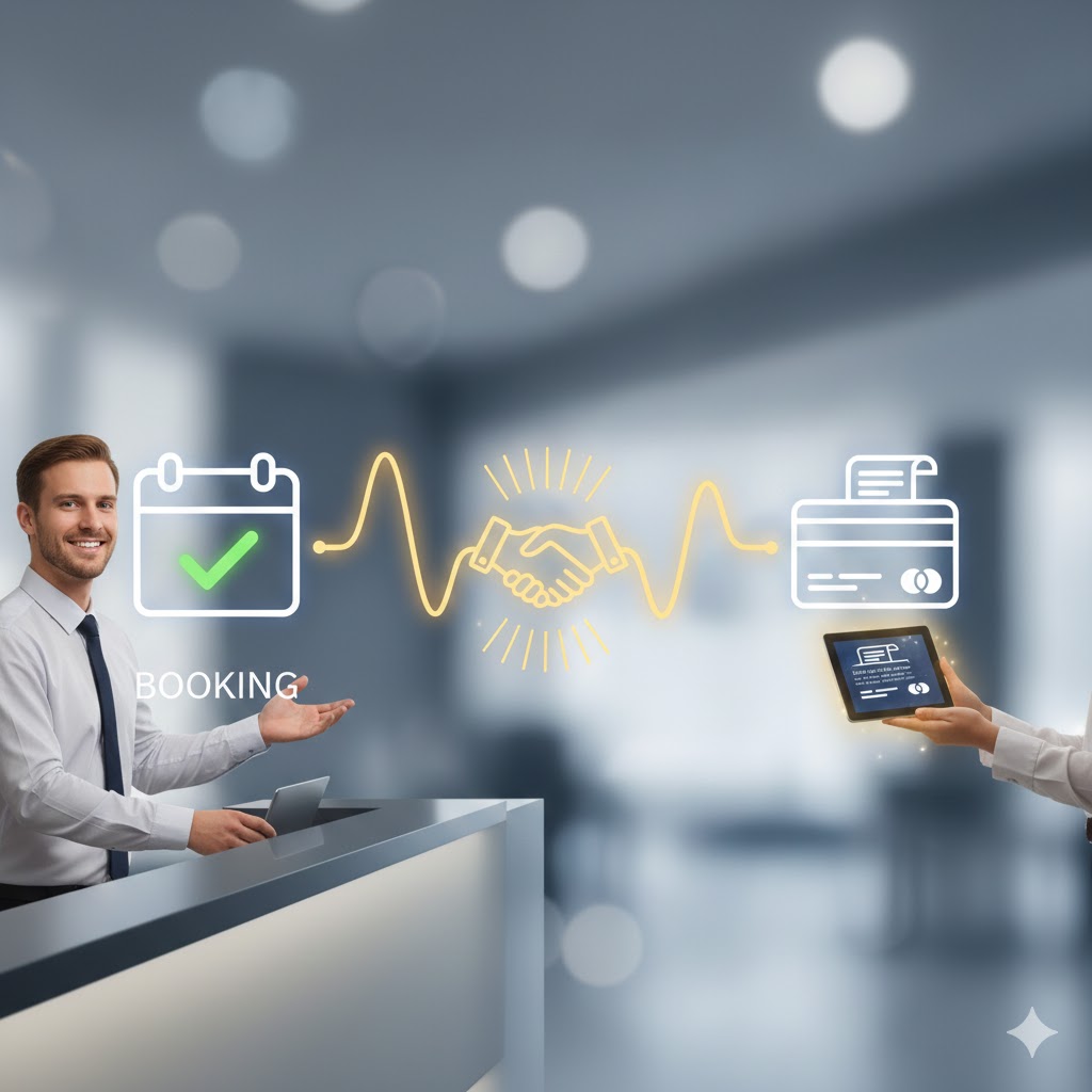 Medical receptionist assisting a patient with registration and insurance verification at a healthcare clinic. Primary Keywords: Revenue Cycle Management