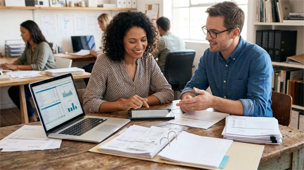 A financial dashboard displaying a 20% increase in healthcare cash flow alongside a digital 3-way invoice matching interface