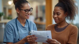 A healthcare professional having a transparent financial conversation with a patient about their high-deductible health plan.