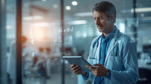 Digital KPI dashboard showing medical practice performance metrics and financial analytics.