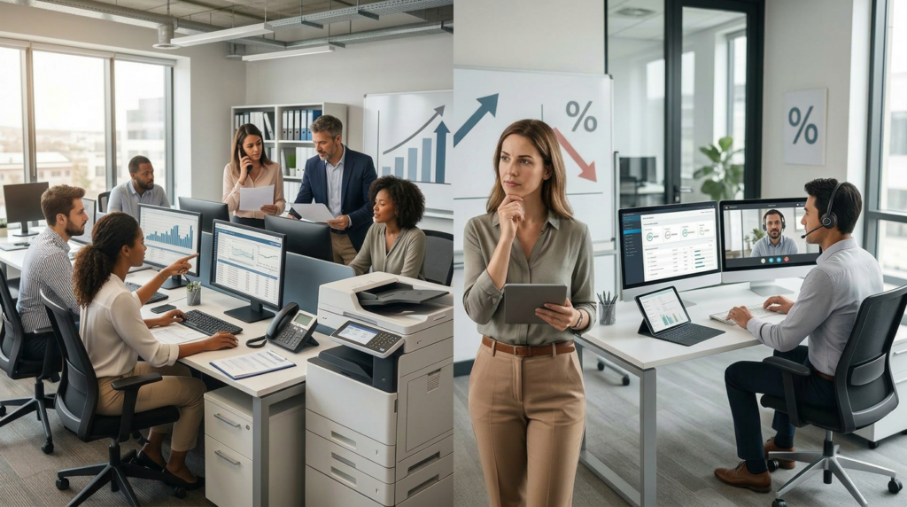 A split-screen graphic comparing a busy in-house billing office with a streamlined digital dashboard representing professional medical billing services.