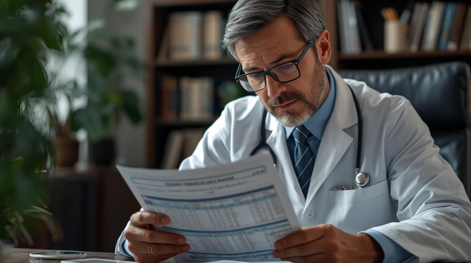 A doctor reviewing a monthly financial statement and itemized billing report on a tablet.