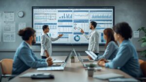 Healthcare administrator reviewing financial dashboards and income statements for a medical clinic.